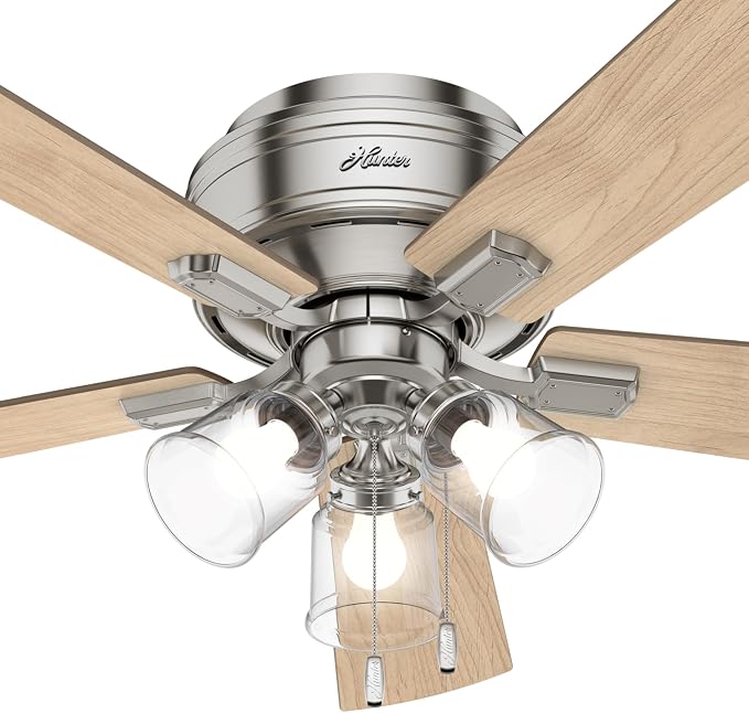 Hunter 52 inch Indoor Ceiling Fan with LED Lights and Pull Chain - Low Profile Flush Mount Ceiling Fan, 5 Blades, For Bedroom, Living Room, or Kitchen, Quiet - Crestfield 54209, Brushed Nickel