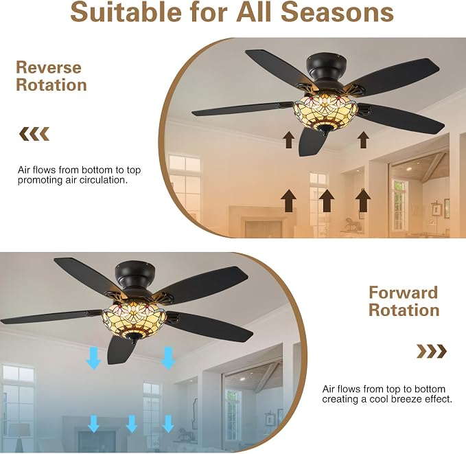 Tiffany Ceiling Fans with Lights - 48" Ceiling Fan Chandelier with 5 Dual-Blades and Glass Shade, 6 Speeds and Reversible, Indoor and Outdoor, Retro Style