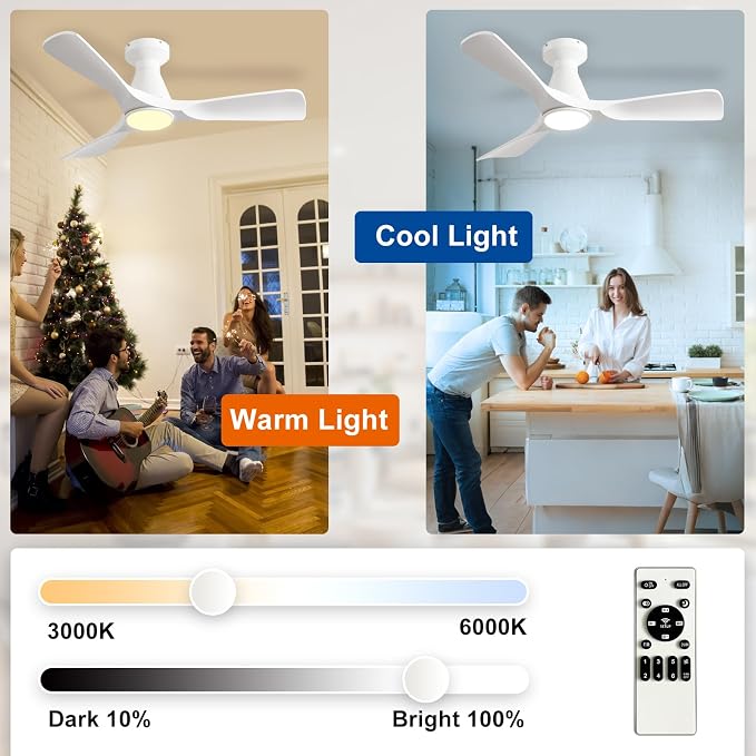 Depuley 42-Inch Ceiling Fans with Lights: White 3 Blade Flush Mount Low Profile Ceiling Fan for Bedroom - Dimmable Indoor Outdoor Fan with Remote Control Ultra Quiet DC Motor Timer