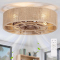 SHLUCE 18" Boho Caged Ceiling Fan with Light, Fandelier Flush Mount Ceiling Fan with Light, Small Low Profile Bladeless Ceiling Fans with Lights and Remote for Bedroom, Living Room, Rattan - ETL