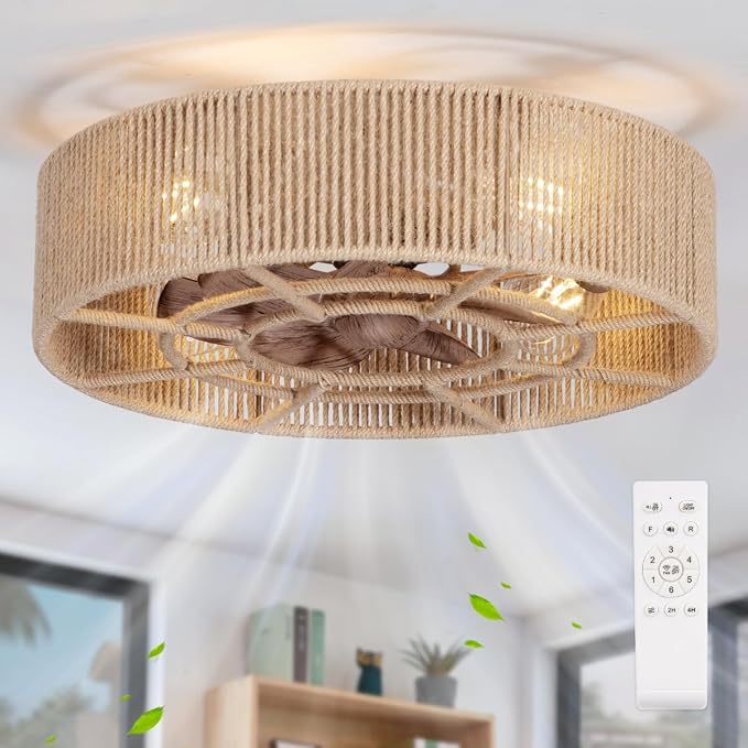 SHLUCE 18" Boho Caged Ceiling Fan with Light, Fandelier Flush Mount Ceiling Fan with Light, Small Low Profile Bladeless Ceiling Fans with Lights and Remote for Bedroom, Living Room, Rattan - ETL