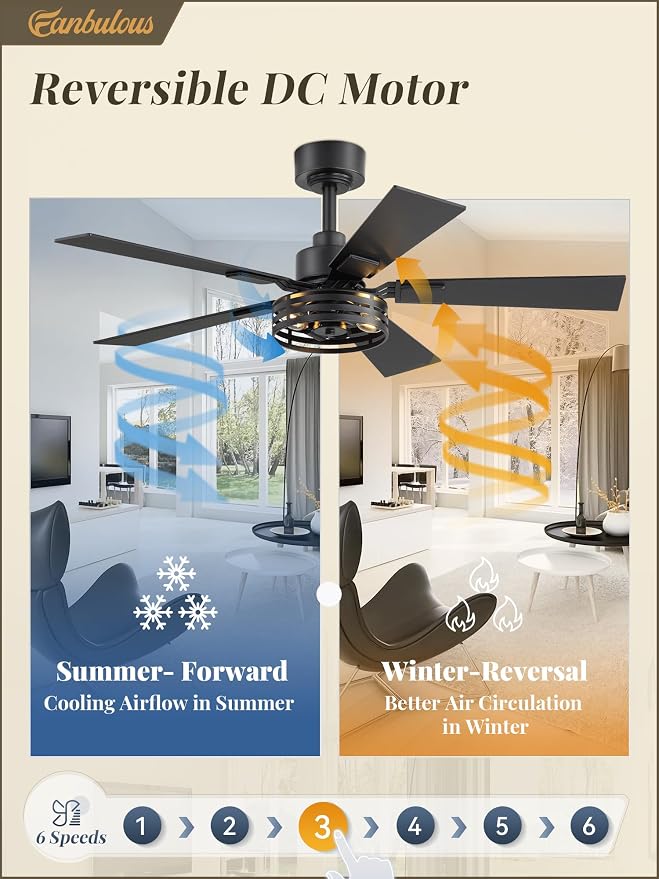Farmhouse Caged Ceiling Fans with Lights and Remote, 42 Inch Rustic Black Ceiling Fans, 6 Speed Reversible Quiet DC Motor, Noiseless Ceiling Fan Dual Finish 5 Blades for Living Room Bedroom Kitchen