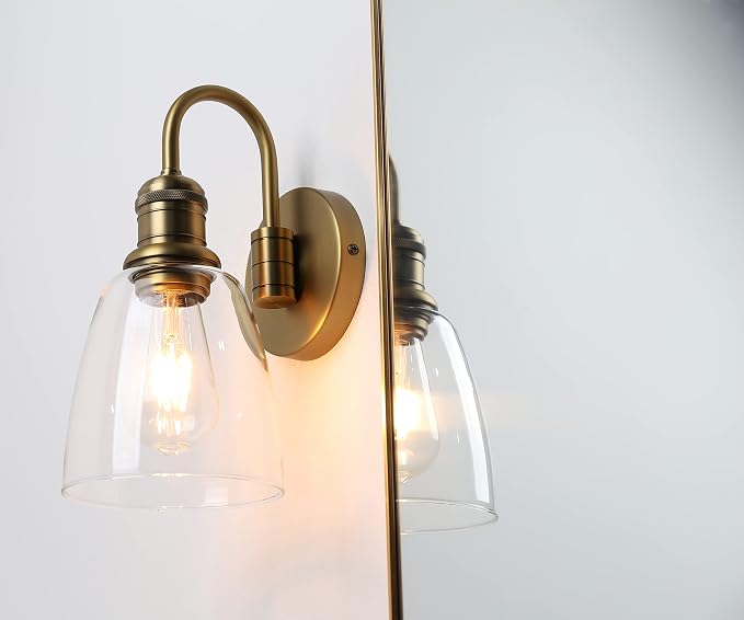Yosoan 1-Light Brass Modern Vintage Indoor Wall Sconce, Vanity Single Luxury Hardwired Retro Textured Clear Oval Cone Glass Shade with Industrial Curved Rod Bathroom Lamp(Antique)