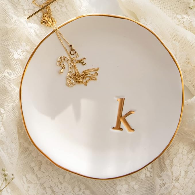 COLLECTIVE HOME Ceramic Jewelry Tray, Trinket Dish, Gifts for Women (K) | Mother's Day, Birthday, Christmas, Engagement Gifts, Vanity, Nightstand Decor, Embossed Gold Monogram Ring Dish with Gift Box