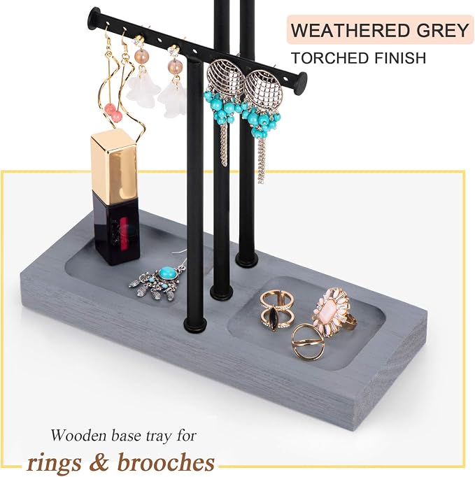 Love-KANKEI 3-Tier Jewelry Holder,Adjustable Height,Black/Weathered Grey | Metal Rod,Solid Wood Base,Easy to Install,Tree Style,Display Long Necklaces,Bracelets,Earrings,Rings,Watches,Bangles,Gift