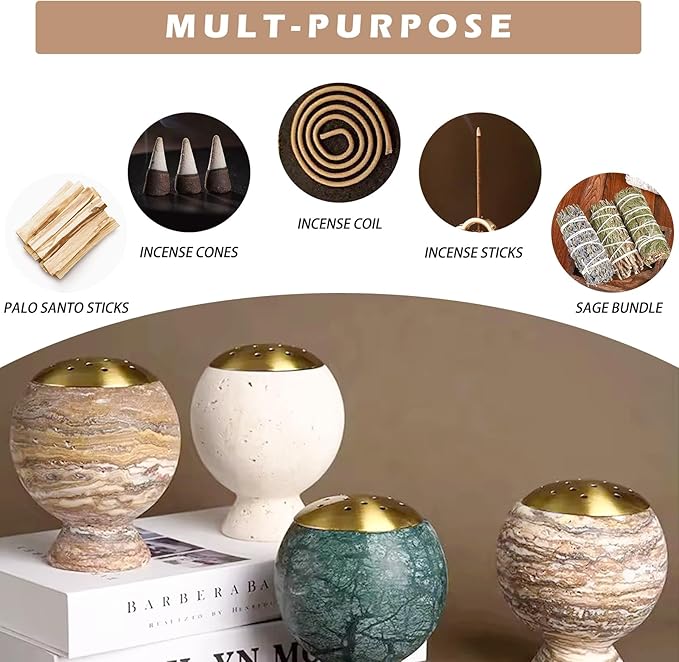 Natural Marble Incense Burner - 4.2” Multi-Purpose Holder with Brass Accents, for Cones/Coils/Sticks, Home Decor & Relaxation (Green)