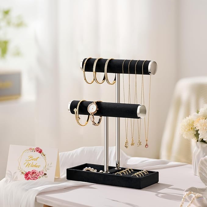 bussdis 2 Tier Bracelet Holder Display, Necklace Holder Organizer, BK/SL | Velvet Necklace Holder | Jewelry Tree | Jewelry Towers | Jewelry Stand Organizer for Necklaces, Bracelets, Earrings, Rings