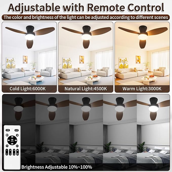 40 inch Ceiling Fan with Lights, Flush Mount with Remote Control | 3 Blades, 6 Speeds, Reversible Quiet DC Motor, Dimmable, 3000-6000K Adjustable, Timer, for Bedroom Dining Room Home Office