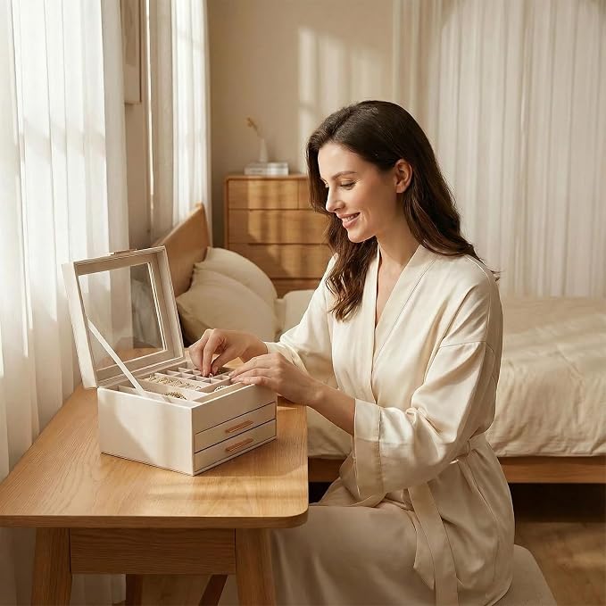 Jewelry Box Organizer with Glass Lid, 3-Layer with Double Drawers, Luxury Velvet Lined Desktop Display Case for Earrings Rings Necklaces, Gift for Women Girls (White)