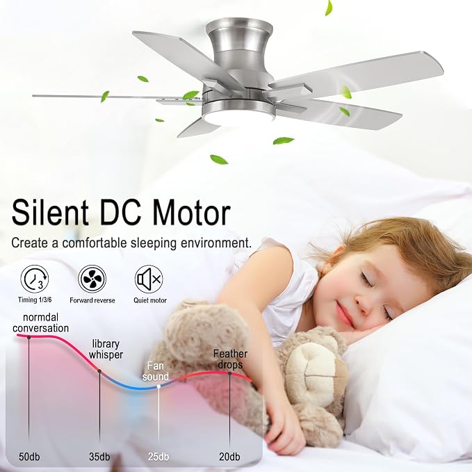 42 Inch Flush Mount Brushed Nickel Ceiling Fan with Light and Remote Control.Noiseless,Dimmable,3CCT,6 Speeds Reversible, Low Profile DC Ceiling Fans for Indoor or Covered Outdoor Use,ETL Listed