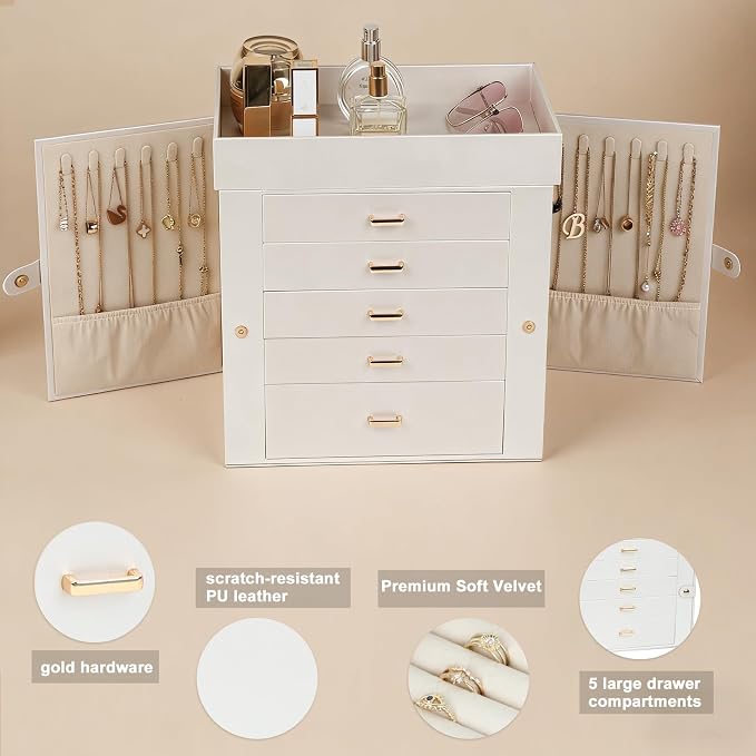 BOOVO Large Jewelry Boxes For Women (Pearl White, 6 Layer) | 6 Layers Jewelry Organizer Box With Cosmetic Storage Drawer, Necklace Ring Jewelry Organizer Box