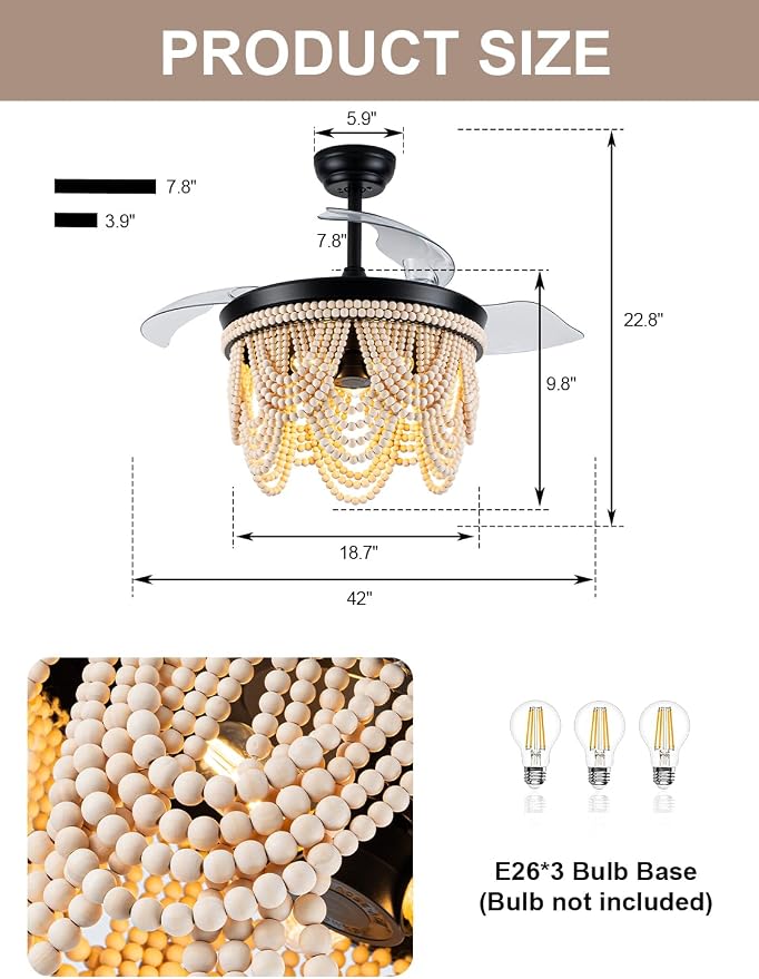 42 Inch Boho Retractable Ceiling Fan with Lights Boho Fandelier Ceiling Fan Wood Beaded Coastal Chandelier, 6 Speeds Reversible Quiet DC Motor 3 E26 for Bedroom Living Room