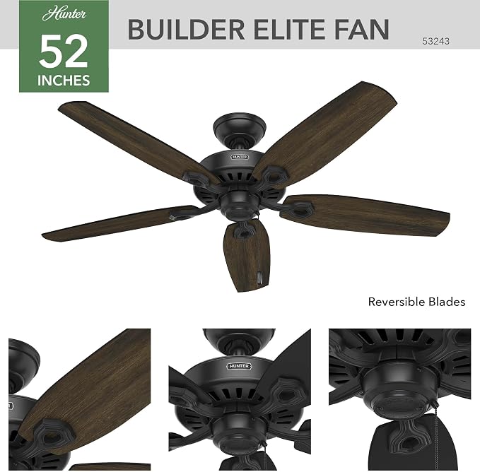Hunter 52 inch Indoor Ceiling Fan No Light with Pull Chain - Black Ceiling Fan without Light, Standard Mount, 5 Blades, For Bedroom, Living Room, or Kitchen - Builder Elite 53243, Matte Black | Standard Mount, Pull Chain, 5 Blades, For Bedroom, Living ...