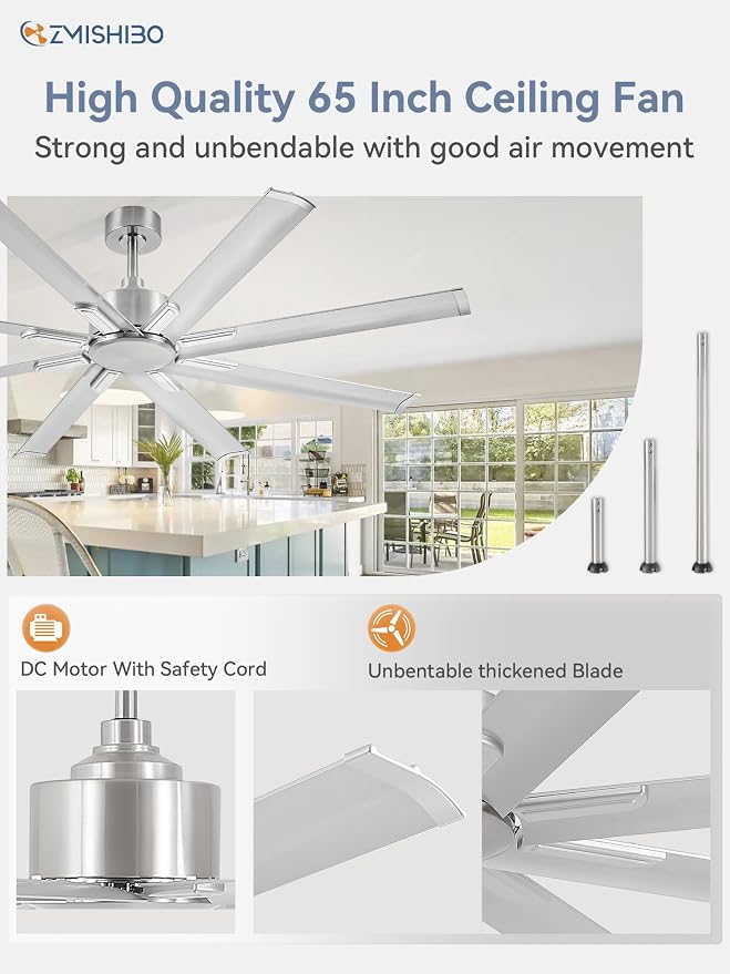 ZMISHIBO 65 Inch Industrial DC Motor Ceiling Fan, Large Ceiling Fan with 8 Reversible Blades, 3 Downrods, 6-Speed Remote Control, Home or Commercial Ceiling Fans for Porch/Garage/Shop, Nickel