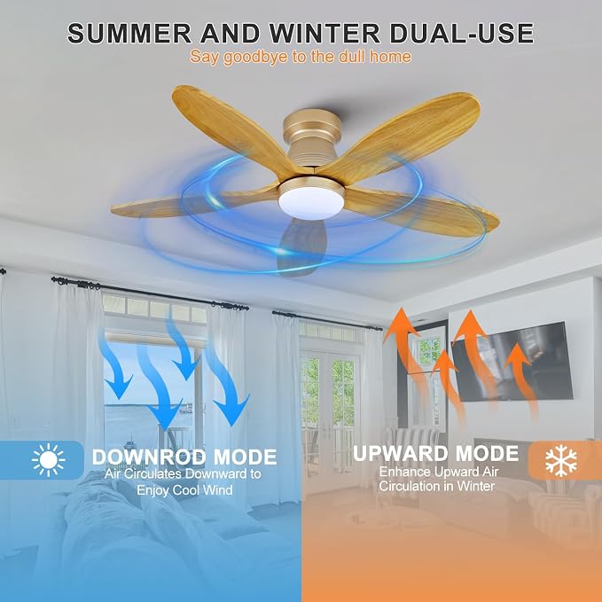 42 Inch Flush Mount Ceiling Fans with Lights and Remote, Dimmable, Wall Switch, 5 Blades Wood Ceiling Fan with Light, Low Profile Outdoor Indoor Modern Ceiling Fan for Bedroom Patio