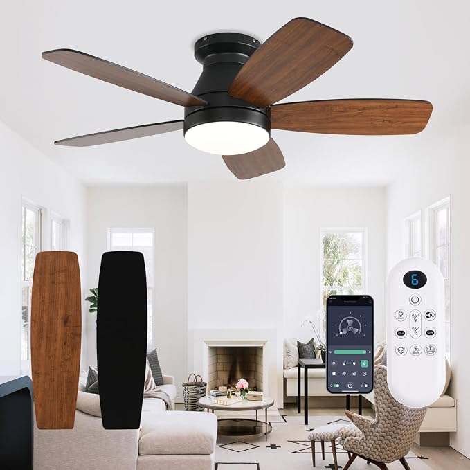 FUMLTP 42inch Ceiling Fans with Lights, Low Profile Ceiling Fan with Light and Remote Control, Flush Mount, Reversible DC Motor, Dimmable, Noiseless,Brown Small Ceiling Fan for Bedroom Indoor/Outdoor
