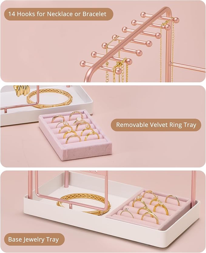 ProCase Jewelry Stand Holder Organizer and Storage, Rosegold (No-Assembly) | Rotating Earring Bracelet Holder Storage, Hanging Jewelry Display Velvet Ring Tray, Teen Girls Birthday Gifts Room Dorm Decor