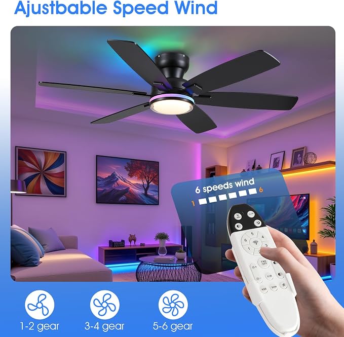 Kviflon 52" Ceiling Fans with RGB Lights, Low Profile Ceiling Fan with Remote/APP Control, Flush Mount, Double-Sided 6 Reversible Blades, RGB+3CCT Dimmable Lights, Double Lampshade for Bedroom, Black