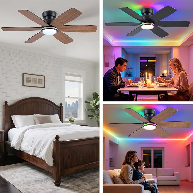 Kviflon 46 In Ceiling Fans with RGB Lights, Low Profile Ceiling Fan Remote/APP Control, Flush Mount, Double-Sided 6 Reversible Blades, RGB+3CCT Dimmable Lights, Double Lampshade for Bedroom, Brown