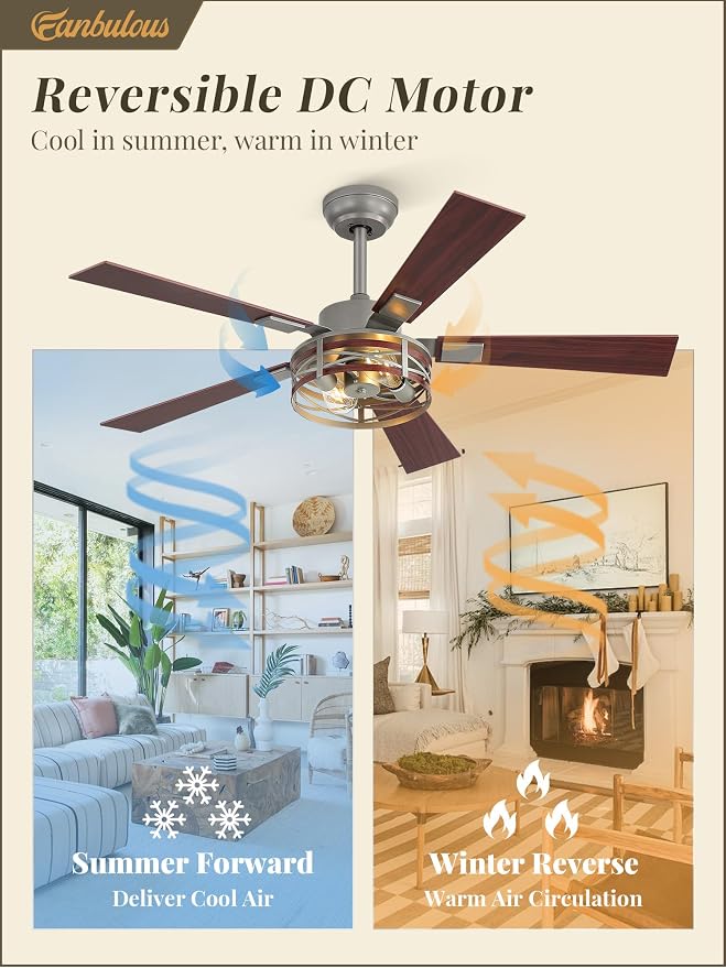 Fanbulous Farmhouse Ceiling Fans with Light, 48 Inch Bedroom Ceiling Fan with Lights, 6-Speed Adjustable, Quiet and Reversible DC Motor, 5 Dual Finish Blades, Rustic Caged Ceiling Fan，Brushed Nickel