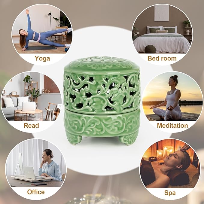Incense Burner with Lid, Ceramic Incense Holder for Stick Cones & Coils Incense with Burn Cotton for Home, Office, Yoga (Xiangyun Incense Burner)