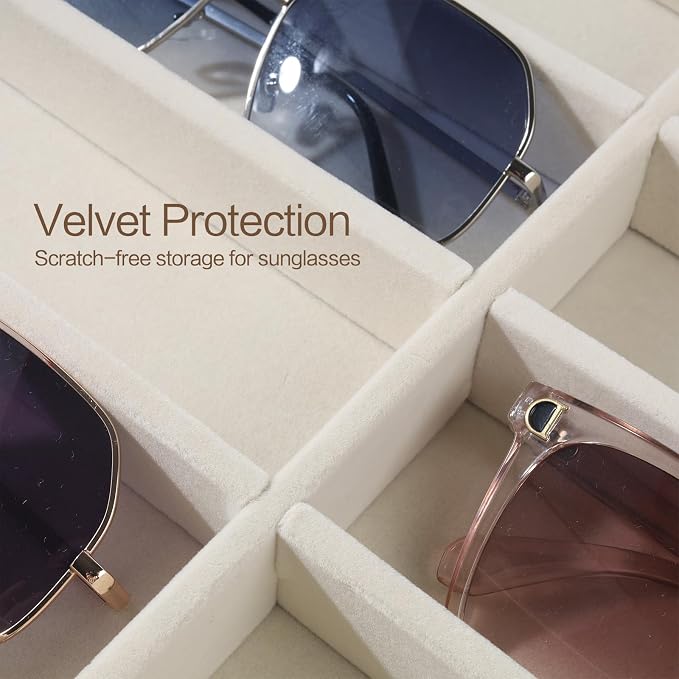 Sunglass Organizer, 8 Grids Beige Velvet Glasses Tray for Eyeglasses Watches Jewelry Display Handmade Craft Storage Box for Home or Shop, Large Capacity 13.8"x9.4" Men Women