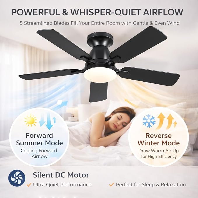 46 Inch Ceiling Fans with Lights and Remote, Flush Mount, Black | Low Profile, Dimmable LED, Reversible, Quiet DC Motor, Wooden Blades, for Modern Apartment Bedroom Home Office Living Room