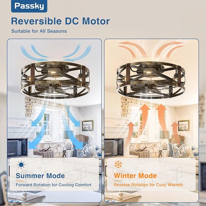 Passky 20" Farmhouse Flush Mount Ceiling Fans with Lights and Remote, Industrial Black Caged Low Profile Fandelier, 6 Speeds Bladeless Ceiling Fan for Bedroom, Kitchen, Living Room