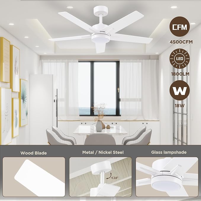 Ceiling Fan 42'' with Light: Matte White Fans with Remote Control - Quiet Reversible DC Motor - Light Memory Function & 3CCT Dimmable for Dining Room Bedroom