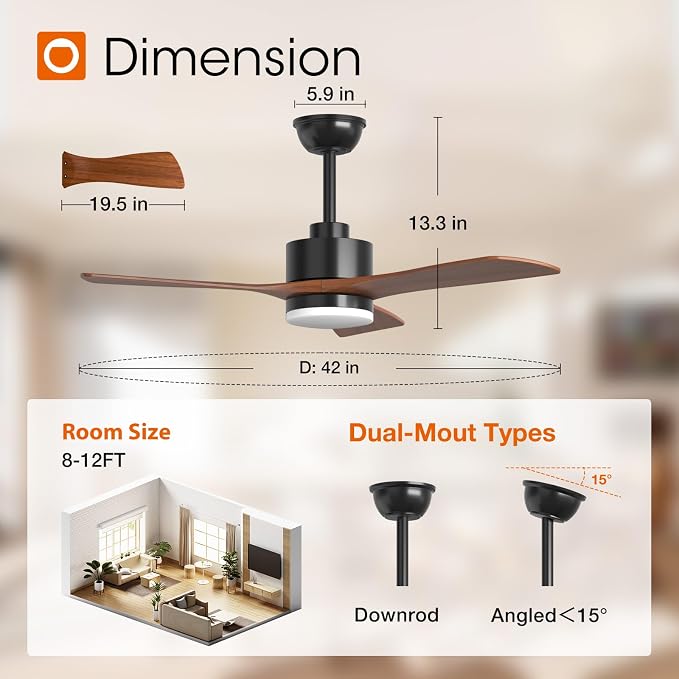 addlon 42 inch Ceiling Fans with Lights and Remote Control, Reversible, 3 Wood Blades, 6 Speeds, 3CCT Dimmable, Noiseless, Indoor/Outdoor Black Walnut Ceiling Fan for Bedroom Living Room Gazebo Patio