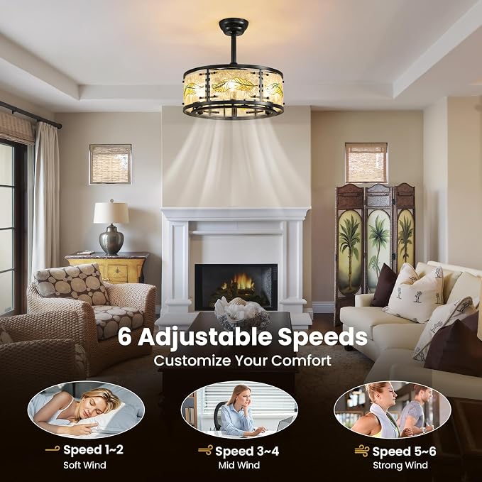 AIJIASI 20" Black Caged Ceiling Fan with Lights, Fandelier Ceiling Fan with Lights Remote Control, 6 Speeds Mid Century Chandelier Ceiling Fan for Bedroom Living Room Nursery
