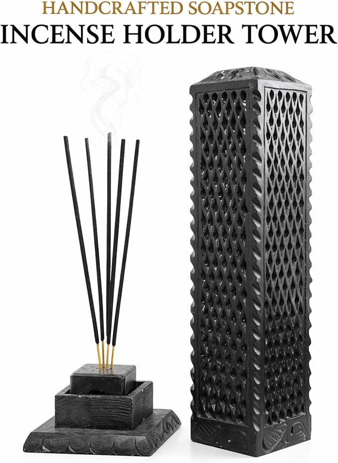 Handmade Marble Black Soapstone Incense Stick Burner | Candle Stick Holder | Tea Light Burner - Perfect Jaali Carving for Gifting. Decorative Home and Kitchen Decor (3 x 3 x 11 Inches).