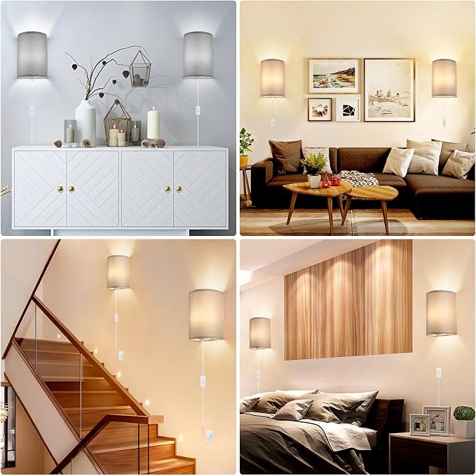 Wall Sconces Set of 2, Plug in Wall Sconces with On/Off Switch, 3-Color Selectable (3000K/4000K/6000K), Fabric Linen Lamp Shades, No Wiring Required, Ideal for Bedroom, Living Room, and Porch (Grey)