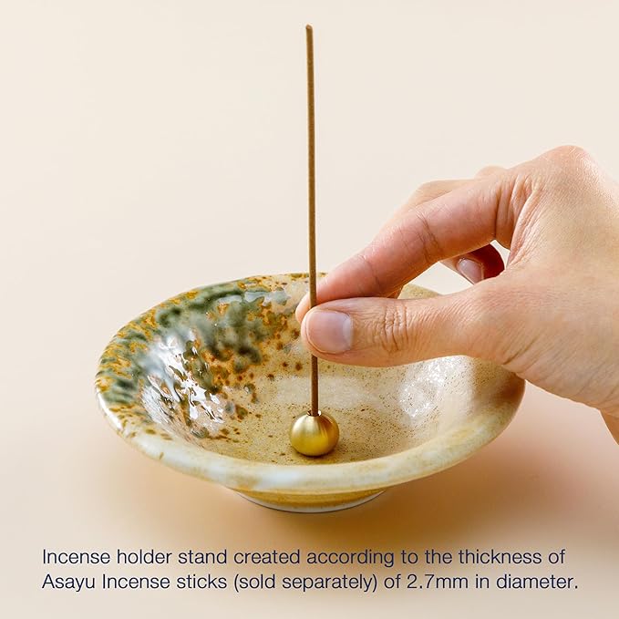 Asayu Japanese Small Incense Holder for Sticks 4.88 inch (124mm), Traditional Made in Japan Ceramic Ash Catcher and Brass Incense Burner Set - Light Orange