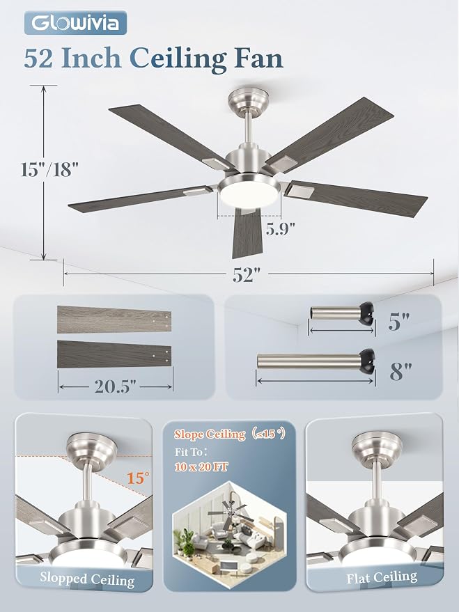 52 Inch Ceiling Fans with Lights and Remote&APP Control, Brushed Nickel Smart Ceiling Fan with 3000-6000K Dimmable, 6 Speeds Reversible, Indoor/Outdoor Ceiling Fan for Bedroom Living Room