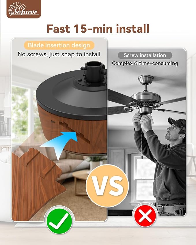Sofucor 42 Inch Ceiling Fans with Lights-Modern Brown Small Bedroom Ceiling Fan with Remote Control, Plug-in Blades Quick Install, Quiet DC Motor,Outdoor ABS Ceiling Fan for Kitchen/Living Room/Patios
