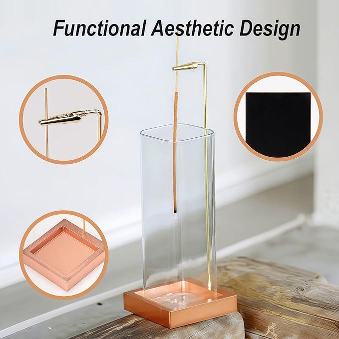 Incense Holder, Metal Incense Holder for Sticks with Glass Ash Catcher, Anti-Ash Incense Burner for Meditation Yoga Spa Room Décor (Rose Gold)