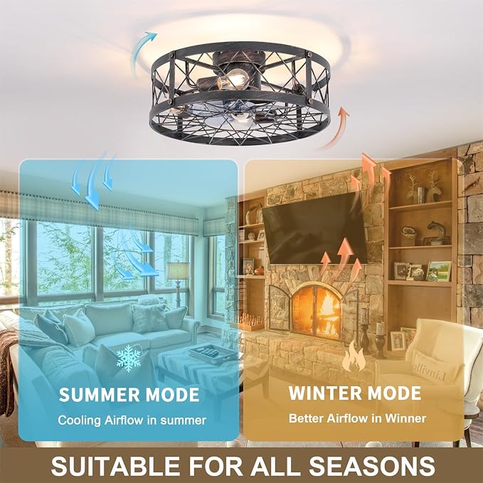 20" Farmhouse Flush Mount Caged Ceiling Fan with Lights and Remote, Rustic Low Profile Fandelier, Quiet 6 Speeds Reversible Enclosed Bladeless Small Ceiling Fans for Bedroom Living Room Kitchen