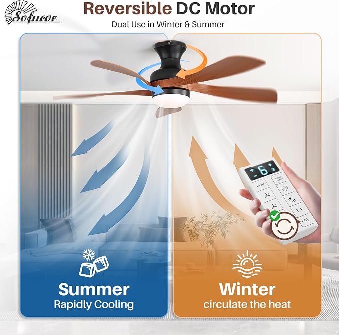 Sofucor Smart 42'' Low Profile Ceiling Fan with Lights and Remote, Flush Mount Ceiling Fan Work with APP/Alexa/Google for Farmhouse Bedroom Living Room Patio, Dimmable LED Quiet Reversible DC Motor