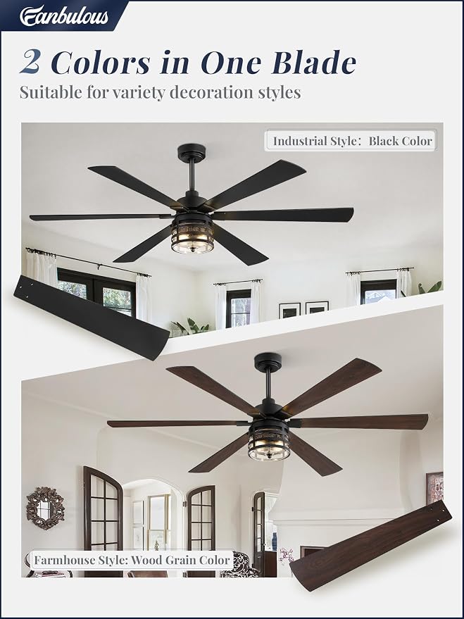 Fanbulous 65" Farmhouse Ceiling Fans with Lights and Remote,Industrial Large Ceiling Fan with 6-Speed Reversible DC Motor and 6 Dual Finish Blades,Black Ceiling Fan with Light for Living bedroom Patio