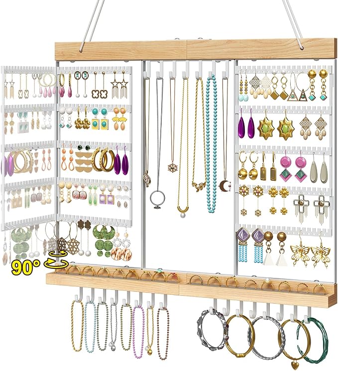 Large Rotating Hanging Jewelry Organizer, 5-Tier Wall Mounted Earring Holder for 180 Pairs, Jewelry Rack for Earrings, Necklaces, Bracelets & Rings, Necklaces, Bracelets & Rings, for Girls, White