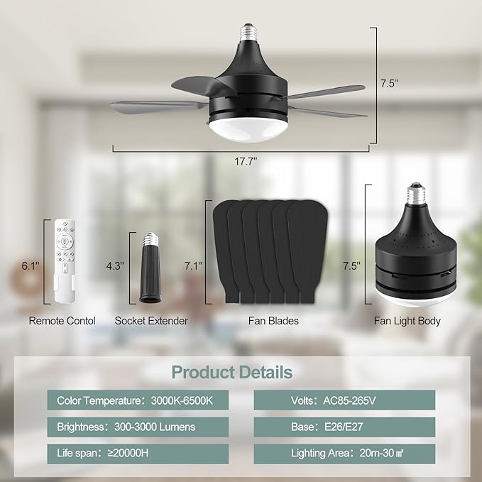 17.7" Socket Fan Light, Stepless Dimmable 3000K-6500K Small Ceiling Fans with Lights and Remote, 3000 Lumens E26/E27 Light Bulb Fan with Reversible Motor, for Bedroom Garage Kitchen Living Room