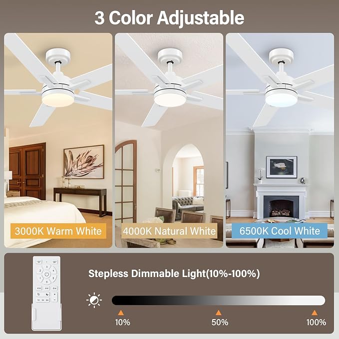 52 Inch White Ceiling Fans with Lights and Remote, Low Profile 5 Blades Ceiling Fan with Downrods, Reversible, 3CCT, Dimmable, Noiseless for Living Room, Bedroom and Patio