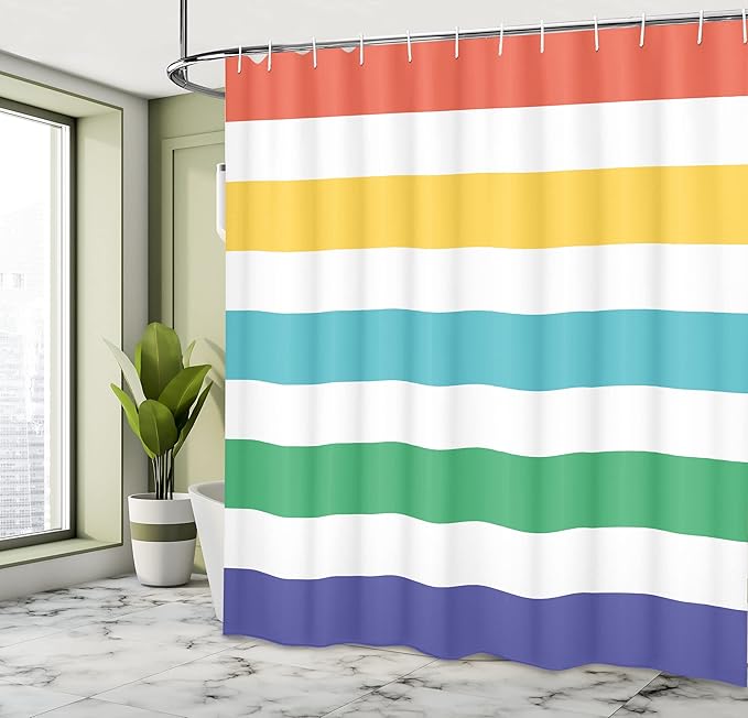 Ambesonne Striped Shower Curtain, Rainbow Colored and White Fun Horizontal Lines Room Red Yellow Blue Green Art, Cloth Fabric Bathroom Decor Set with Hooks, 69" W x 70" L, White Mustard Jade Green