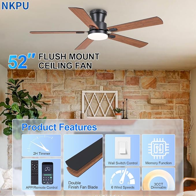 NKPU 52" Ceiling Fans with Lights, Low Profile Ceiling Fan with Light and Remote/APP Control, 6 Speed, Dimmable, Safe Quiet DC Motor, Brown Flush Mount Ceiling Fan for Bedroom Indoor/Outdoor Use