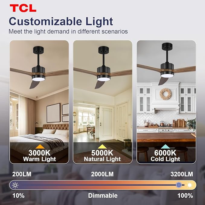 TCL Ceiling Fans with Light and Remote: 60 inch 3 Wooden Blades 3 Dimmable LED Fan for Room Indoor Modern Farmhouse Decor - 6 Speed Memory DC Reversible Fan Lights (Brown, 60 Inch)