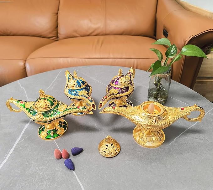 Vintage Aladdin Genie Lamp Cone Incense Holder,Legend Magic Lamp Incense Burner Arabian Costume Props,Wishing Light for Home Decor Birthday Party Wedding Blue