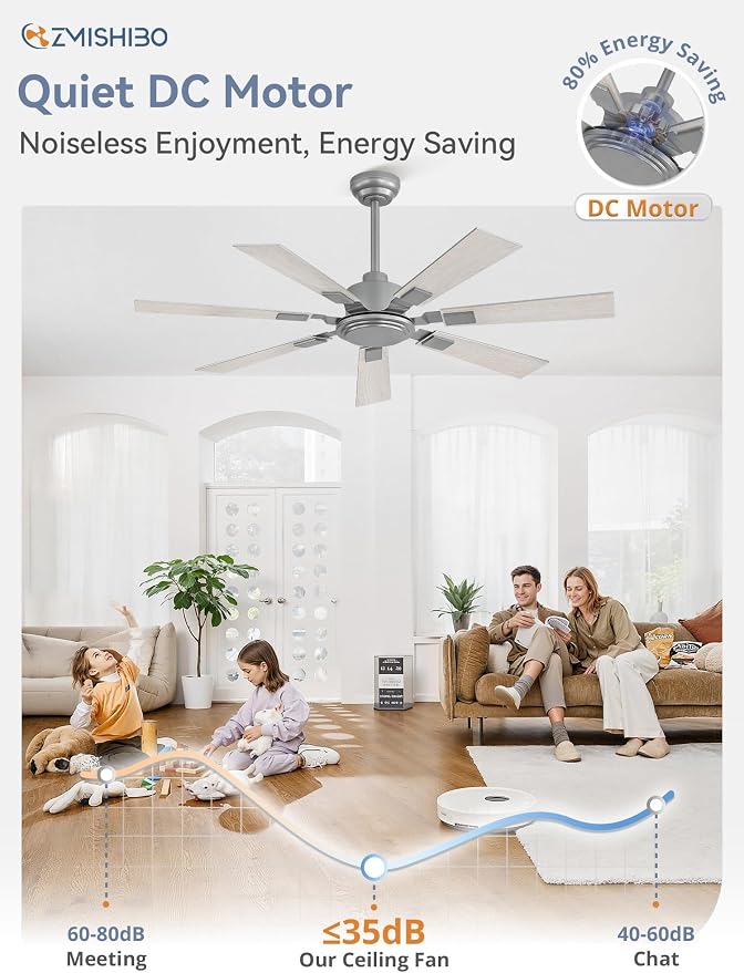 ZMISHIBO 52“ Ceiling Fans No Light with Remote, Silver Modern Ceiling Fan Without Light, Quiet Reversible DC Motor, 6 Speeds, 7 Blades Indoor/Outdoor Ceiling Fan for Living Room Bedroom Patio Garage