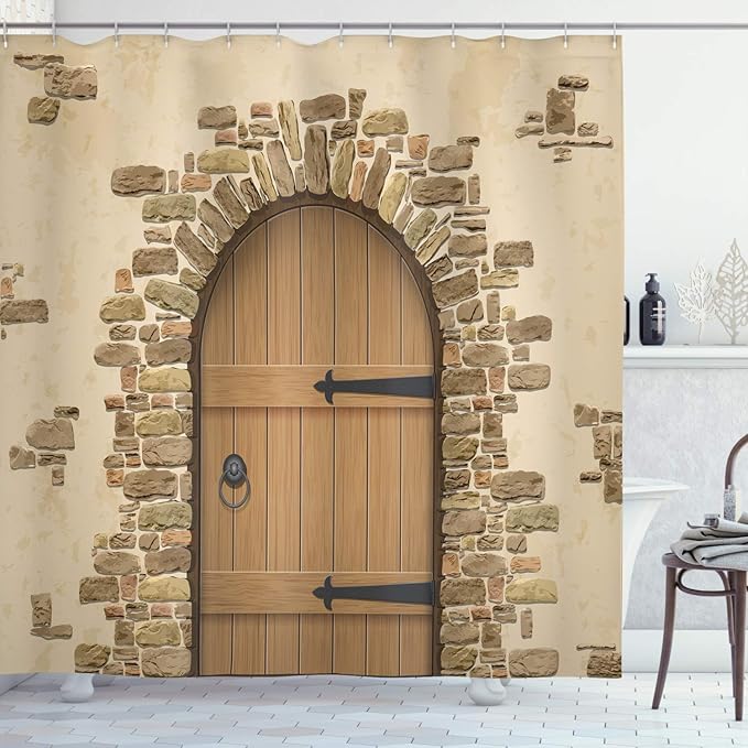 Ambesonne Rustic Shower Curtain, Wine Cellar Entrance Stone Arch Architecture European Building, Cloth Fabric Bathroom Decor Set with Hooks, 69" W x 70" L, Sand Brown Pale Brown