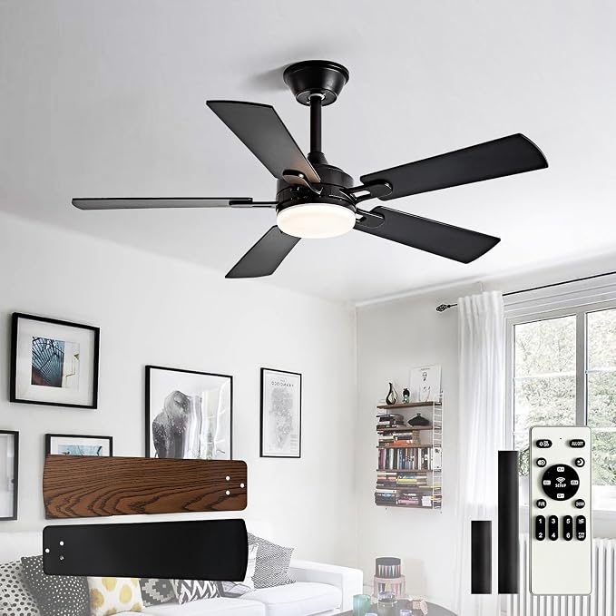 Depuley 42-inch Ceiling Fan with Light: Black Ceiling Fan for Living Room Indoor Outdoor - Modern Ceiling Fan with Remote Control 3CCT Dimmable Noiseless 5 Reversible Walnut Blades 6 Speeds Timer